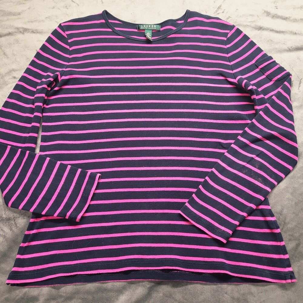 Lauren Ralph Lauren Henley Shirt Womens Lg Pink Navy Striped Long Sleeve